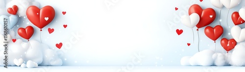 Playful red heart-shaped balloons float among fluffy white clouds on a light blue background, creating a whimsical and romantic atmosphere photo