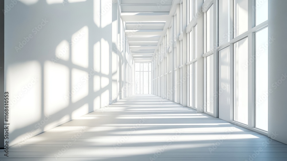 Fototapeta premium Sunlight streams through windows in a long, bright white corridor.