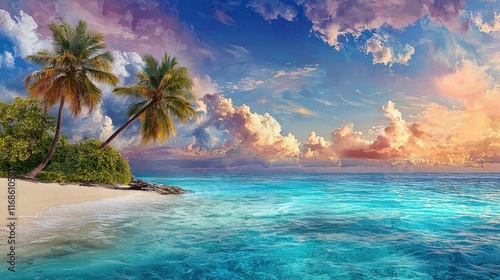 A tropical island with palm trees and crystal-clear turquoise water photo