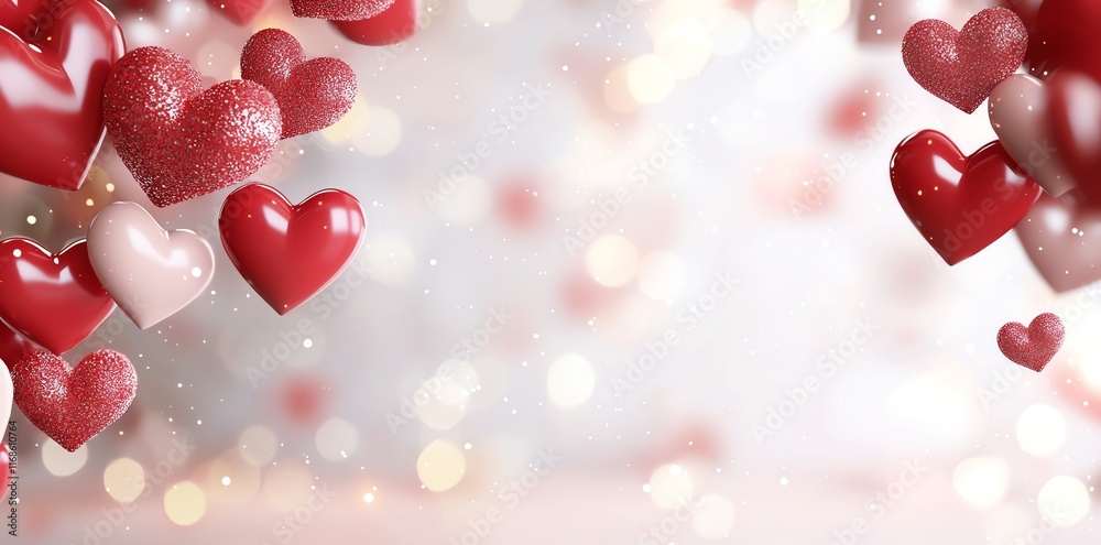 Obraz premium Romantic scene with red and pink hearts floating against a dreamy background, creating a sense of love and Valentine's Day celebration, ideal for romantic themes.