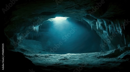 Mysterious dark cave interior with light beam, icy formations.