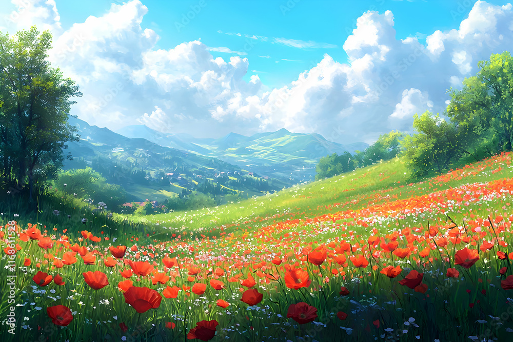 Serene Poppy Field Blooms Brightly in Mountain Valley Serene Poppy Field Blooms Brightly in Mountain Valley