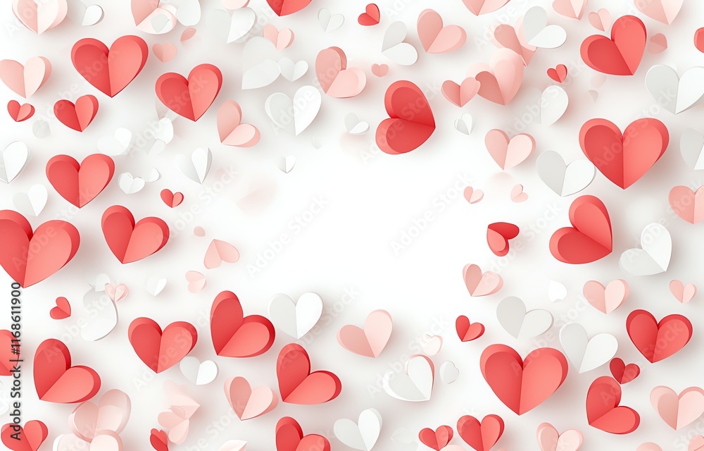 A collection of red and white paper hearts scattered symmetrically on a white background. Perfect for Valentine's Day designs, romantic themes, and creative projects. A collection of red and white paper hearts scattered symmetrically on a white background. Perfect for Valentine's Day designs, romantic themes, and creative projects.