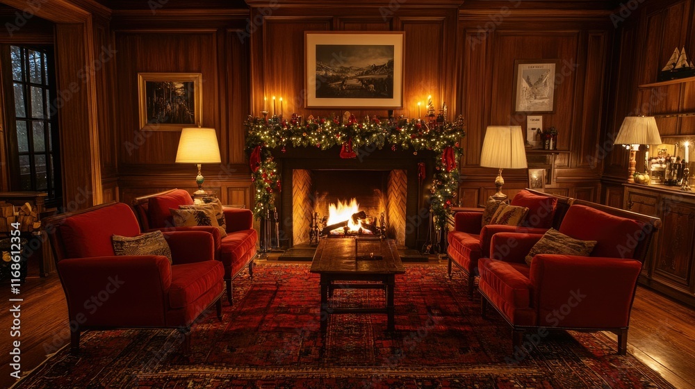 Fototapeta premium A cozy living room with a glowing fireplace, festive Christmas decor, and comfortable seating, making it the perfect setting for a holiday gathering.
