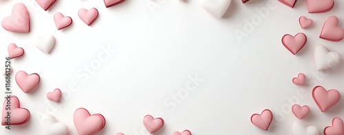 A serene setting with pink and white heart shapes delicately arranged on a light background