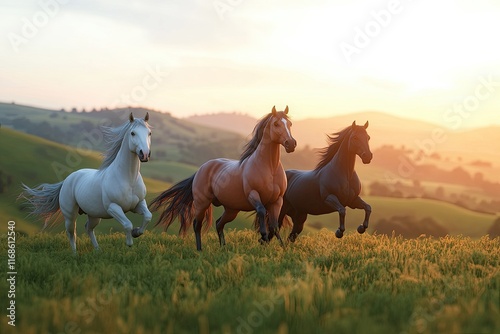 Three Majestic Horses Galloping Gracefully in Lush Green Field at Golden Sunset White Brown and Black Under Rolling Hills