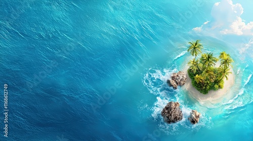 A tropical island with palm trees and crystal-clear turquoise water photo