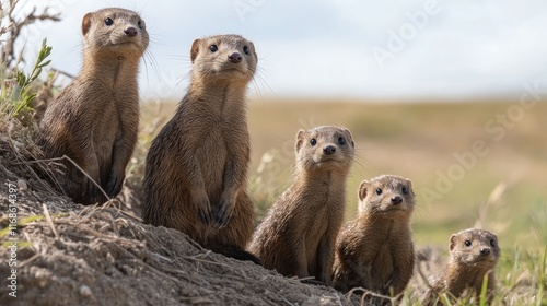 A family of common mongooses gathered near their burrow, showcasing social behavior under a clear European sky. photo