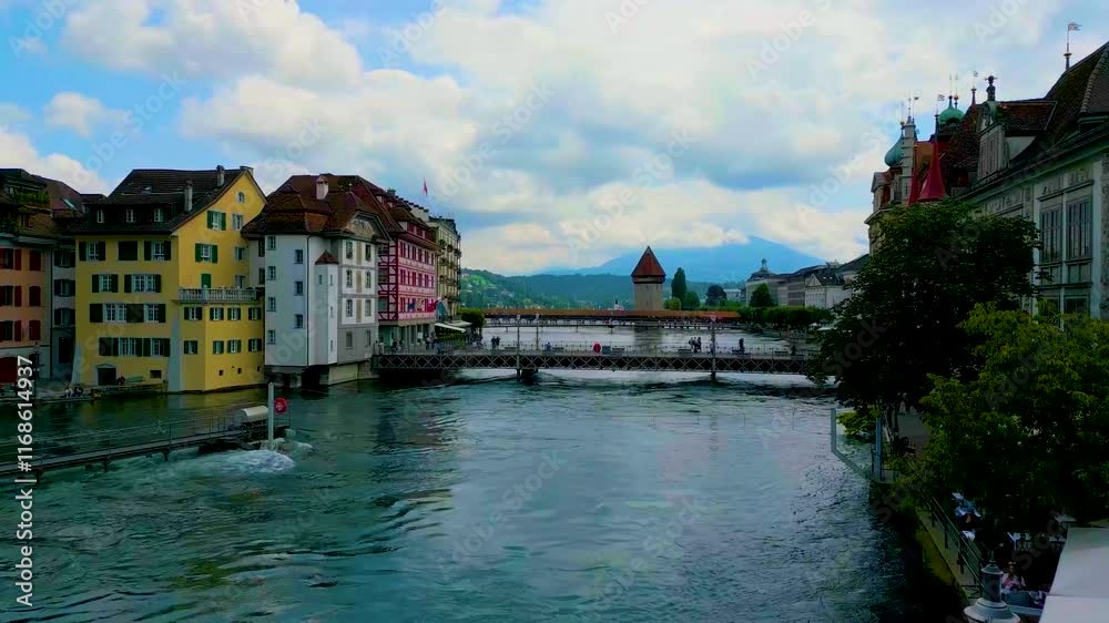 4K Drone Video of the Chapel, Seebrücke, Rathaussteg, Geissmattbrücke Bridges on the Reuss River in Lucerne, Switzerland 4K Drone Video of the Chapel, Seebrücke, Rathaussteg, Geissmattbrücke Bridges on the Reuss River in Lucerne, Switzerland