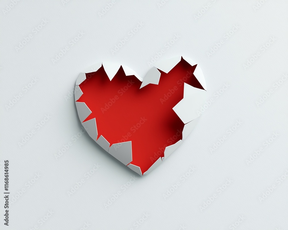 A red heart breaking through a white surface, symbolizing emotion, passion, and vulnerability. The sharp edges and vibrant color create a striking visual impact.