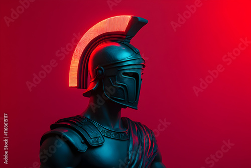 Retro futuristic roman soldier bust with glowing helmet is posing on a vibrant red background, creating a striking contrast between ancient history and futuristic elements photo