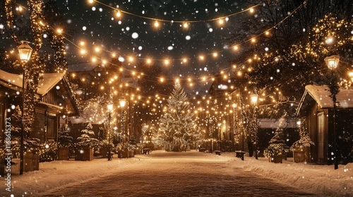 A festive village square with twinkling string lights, a decorated Christmas tree, and snow gently falling, creating a magical winter setting. photo