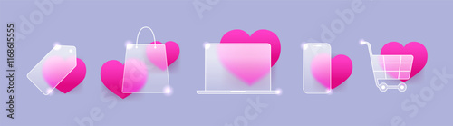 Valentine’s Day online shopping glass morphism icons on gray background. Tag, bag, laptop, smartphone and cart vector symbol