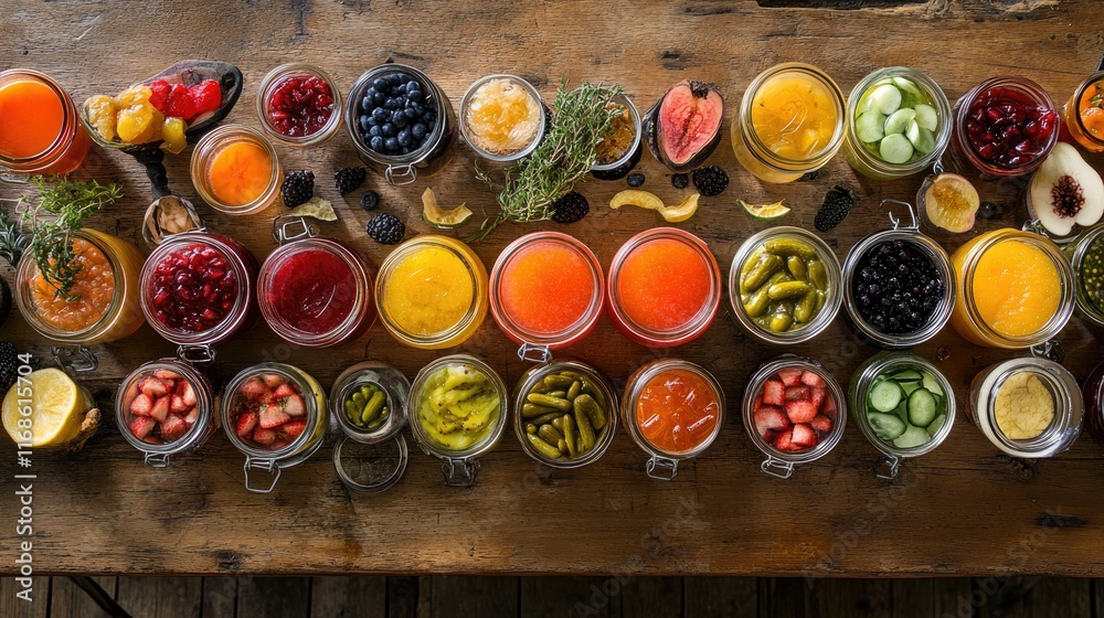 A flat lay of many jars containing fruity jams, compotes, and pickled vegetables, arranged beautifully on a rustic table, perfect for showcasing preservation methods. A flat lay of many jars containing fruity jams, compotes, and pickled vegetables, arranged beautifully on a rustic table, perfect for showcasing preservation methods.