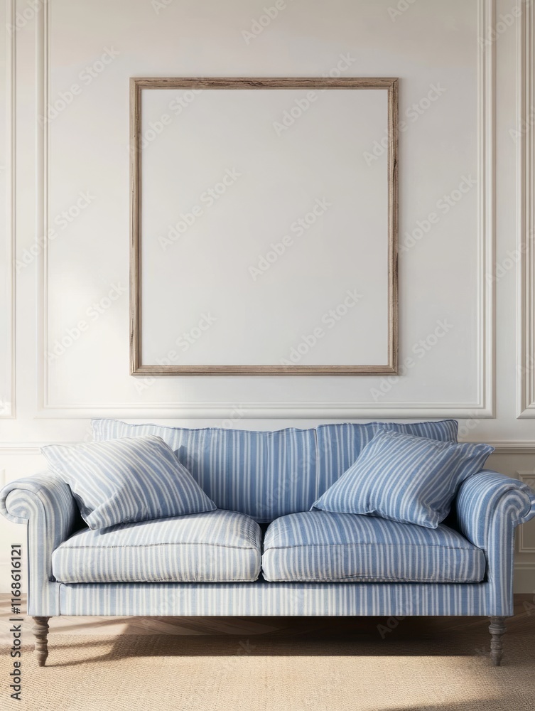 Fototapeta premium Blue Striped Sofa with Wooden Framed Blank Canvas