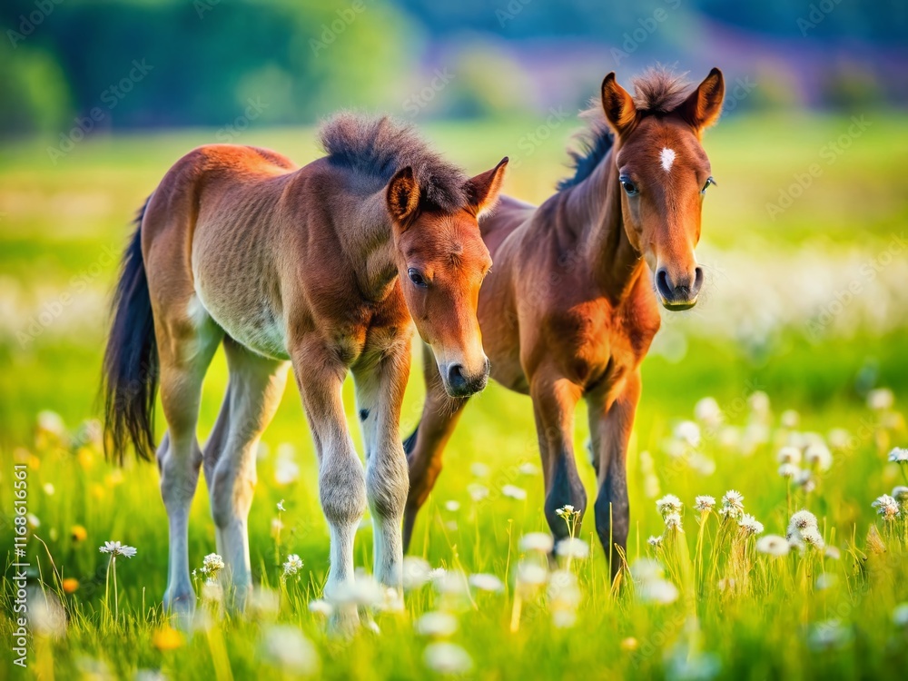 Adorable Brown & Black Foals Grazing in Lush Green Pasture - Macro Photography Adorable Brown & Black Foals Grazing in Lush Green Pasture - Macro Photography
