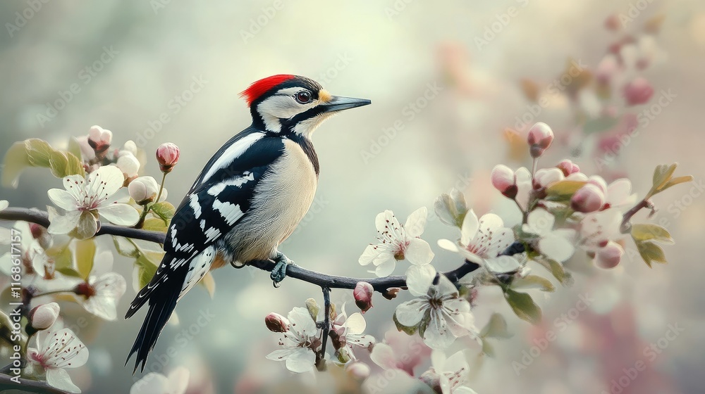 Fototapeta premium A Great Spotted Woodpecker perched on a branch in early spring, surrounded by budding leaves and blossoms.