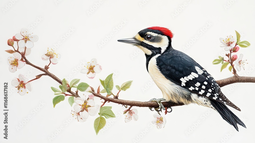 A Great Spotted Woodpecker perched on a branch in early spring, surrounded by budding leaves and blossoms. A Great Spotted Woodpecker perched on a branch in early spring, surrounded by budding leaves and blossoms.