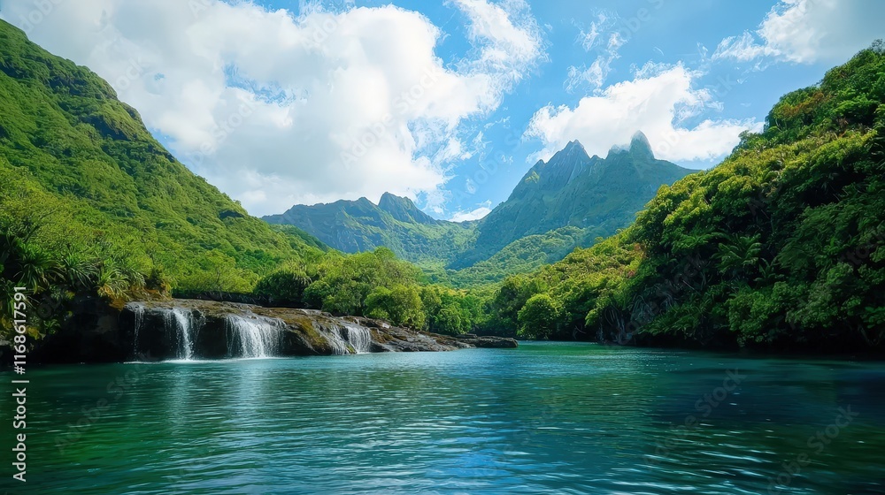 A tropical lagoon with a cascading waterfall and lush greenery