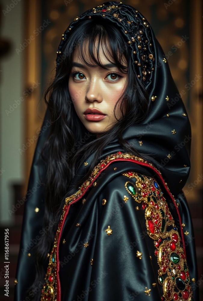 Fototapeta premium Asian model wearing elaborate beaded hooded cloak in palace setting