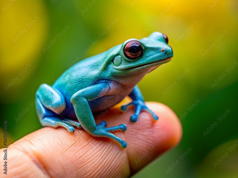 Naklejka premium Adorable Cyan Frog Macro Photography: Tiny Amphibian on Fingertip