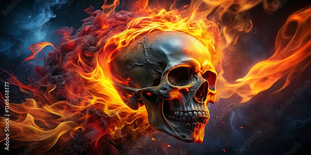 Fiery Skull Abstract: Flaming Skull Art, Red Yellow Fire, Dark Smoky Background, Surreal Fire Photography Fiery Skull Abstract: Flaming Skull Art, Red Yellow Fire, Dark Smoky Background, Surreal Fire Photography