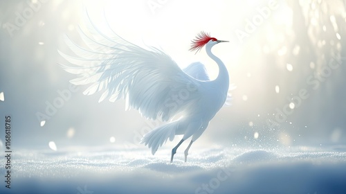 A Japanese crane dancing elegantly in a snow-covered field, its white feathers and red crown glowing in the soft winter light. photo