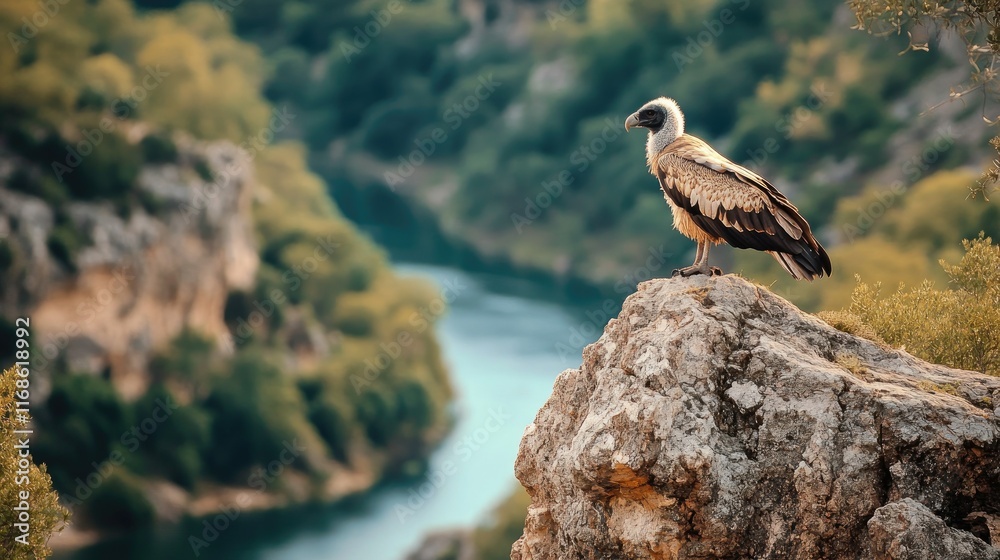 Fototapeta premium A juvenile Egyptian vulture perched on a cliff edge, overlooking the Tagus River winding through Monfrage National Park.