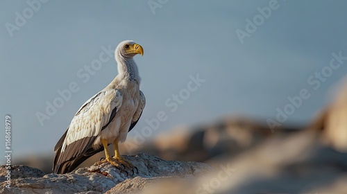 A juvenile Egyptian vulture perched on a rocky slope, framed by the unique biodiversity of Monfrage National Park. photo