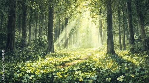 Sunlit St. Patrick's Day forest with greenery and serene atmosphere. Greenery. Peace. Tranquil nature. forest landscape, green celebration, springtime nature, event promotion, holiday decorations, nat