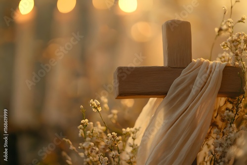 Wooden cross with white cloth and flowers in church during sunset