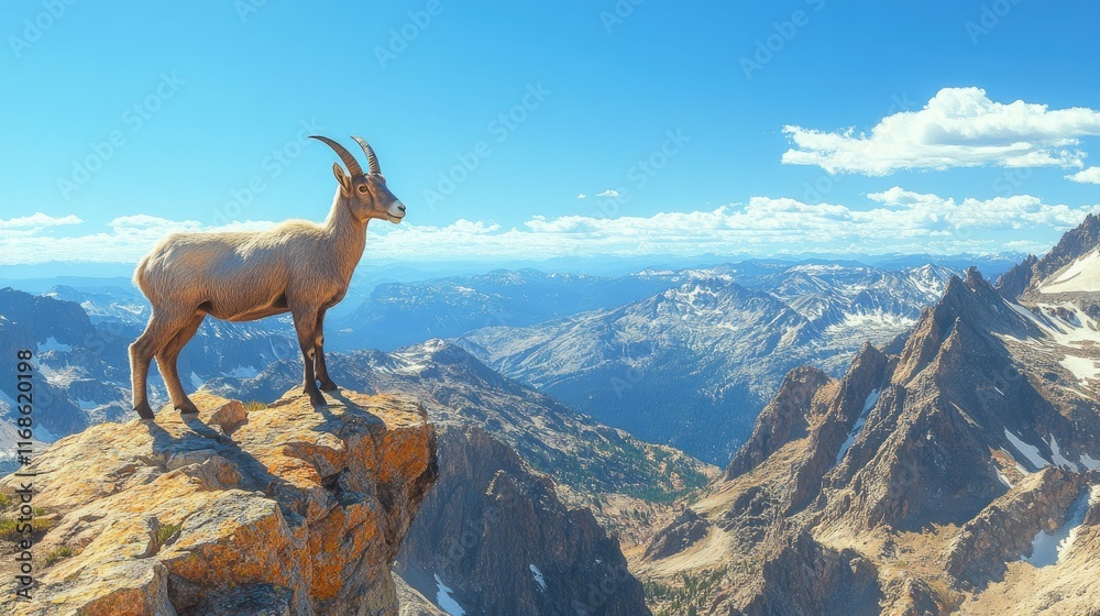 A majestic mountain goat standing on a rocky ledge overlooking a vast, rugged mountain range under a clear blue sky.