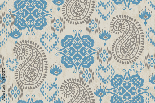 Ikat paisley embroidery on the fabric in Indonesia, India and Asian countries. geometric ethnic oriental seamless pattern.Aztec style. illustration. design for texture, fabric,clothing,wrapping,carpet