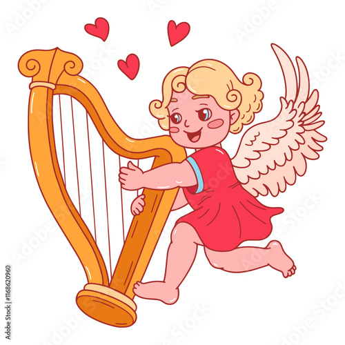 Cute cupid plays on golden harp. Cherub with blonde curly hair and pink dress. Happy Valentine's day doodle character. Amour Baby Angel. Eros or mythological character with wings. Vector illustration.