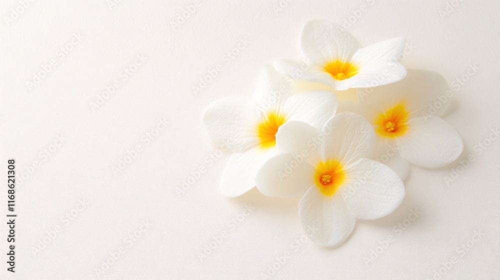 Obraz premium Delicate White Flowers with Bright Yellow Center on Soft White Background