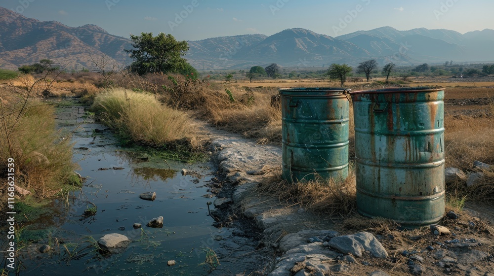Fototapeta premium A Somber Reflection on Water Scarcity in a Rural Community Amidst Drought
