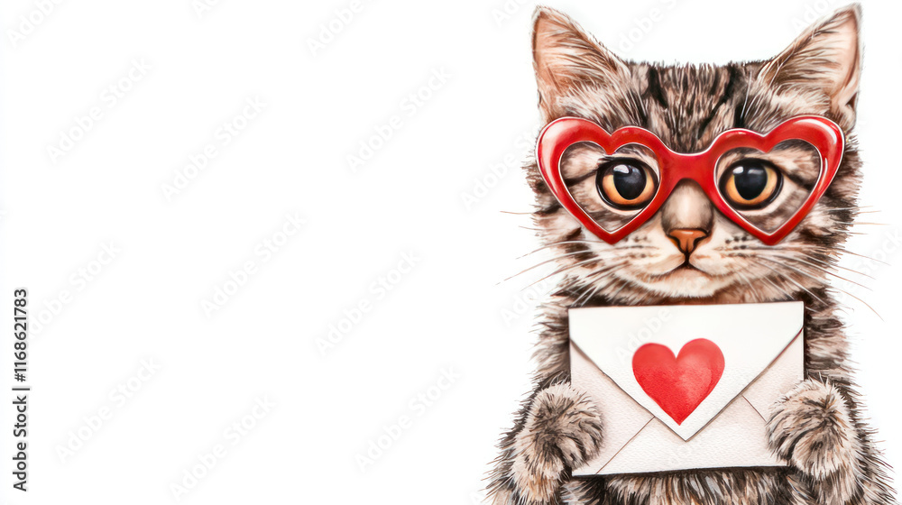 Fototapeta premium Cute cat with heart shaped glasses holding love letter, expressing affection