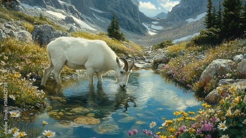 Fototapeta Naklejka Na Ścianę i Meble -  A mountain goat drinking from a crystal-clear alpine stream surrounded by wildflowers.