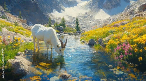 Fototapeta Naklejka Na Ścianę i Meble -  A mountain goat drinking from a crystal-clear alpine stream surrounded by wildflowers.