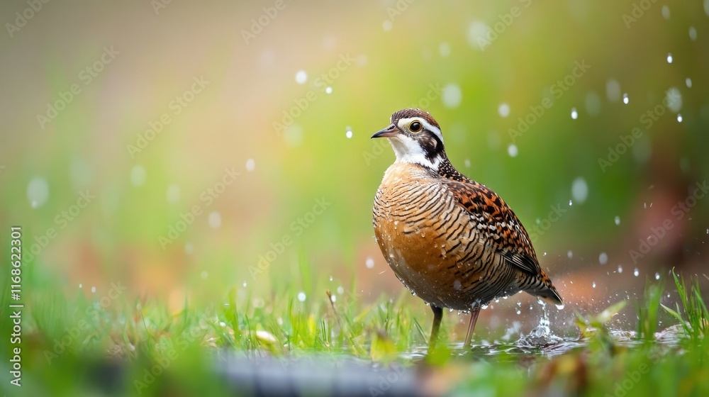 A Northern Bobwhite standing in a meadow, drinking from a rainwater-filled tire track, with a few droplets glistening on its feathers. A Northern Bobwhite standing in a meadow, drinking from a rainwater-filled tire track, with a few droplets glistening on its feathers.