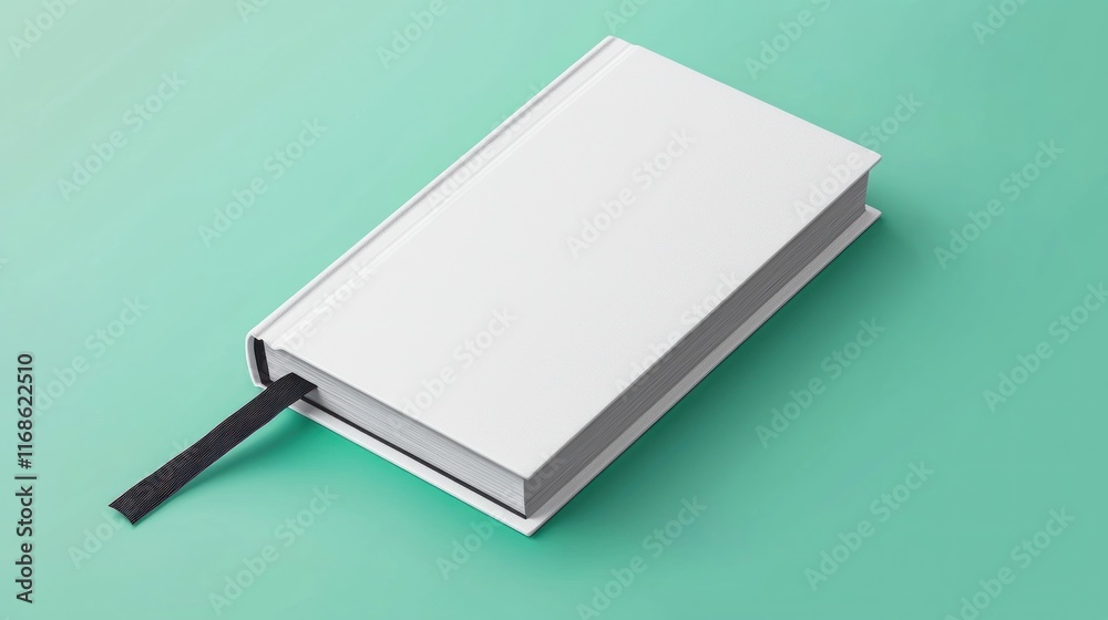 A minimalist white book with a black ribbon bookmark on a teal background.