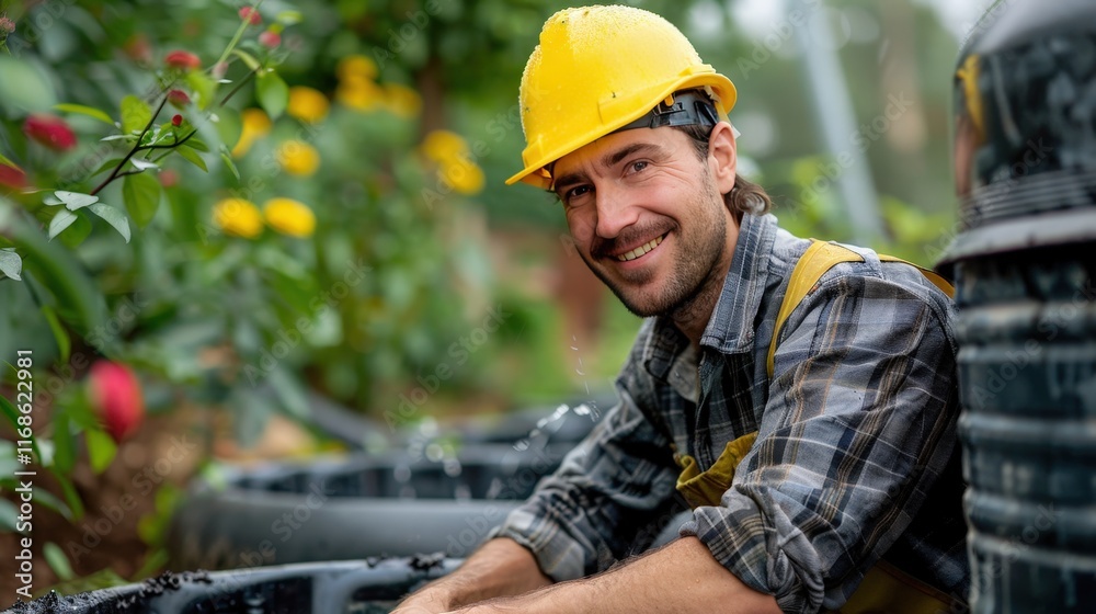 Dedicated Engineer Designing Sustainable Rainwater Collection Systems in a Garden Setting Dedicated Engineer Designing Sustainable Rainwater Collection Systems in a Garden Setting