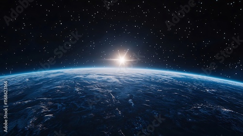 Sunrise over Earth from space, showing atmosphere, clouds, and sun.
