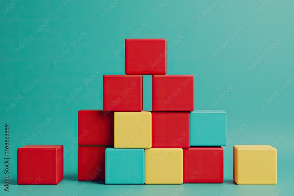 A colorful arrangement of blocks in a pyramid shape against a teal background. A colorful arrangement of blocks in a pyramid shape against a teal background.