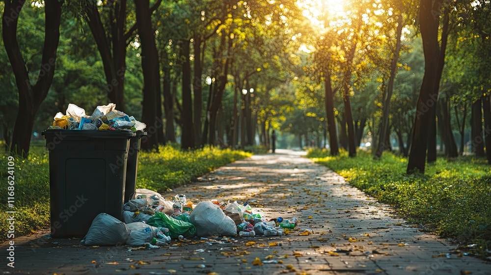 A public waste bin overflowing with litter, surrounded by garbage bags, on a paved path in a green park. A public waste bin overflowing with litter, surrounded by garbage bags, on a paved path in a green park.