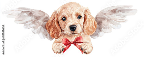 playful dog with angel wings holds red bow, radiating joy and charm. Perfect for pet lovers