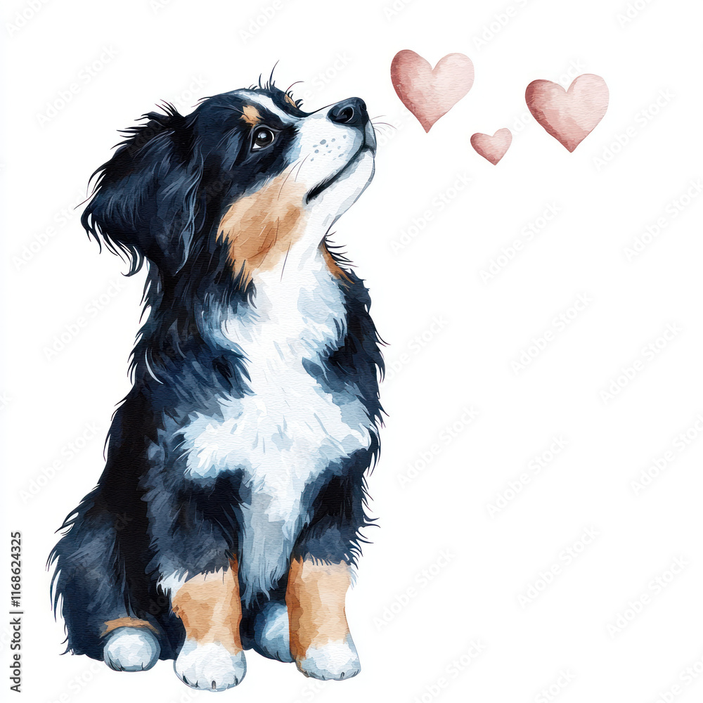 Fototapeta premium playful puppy gazes up at heart shaped snowflakes, radiating joy