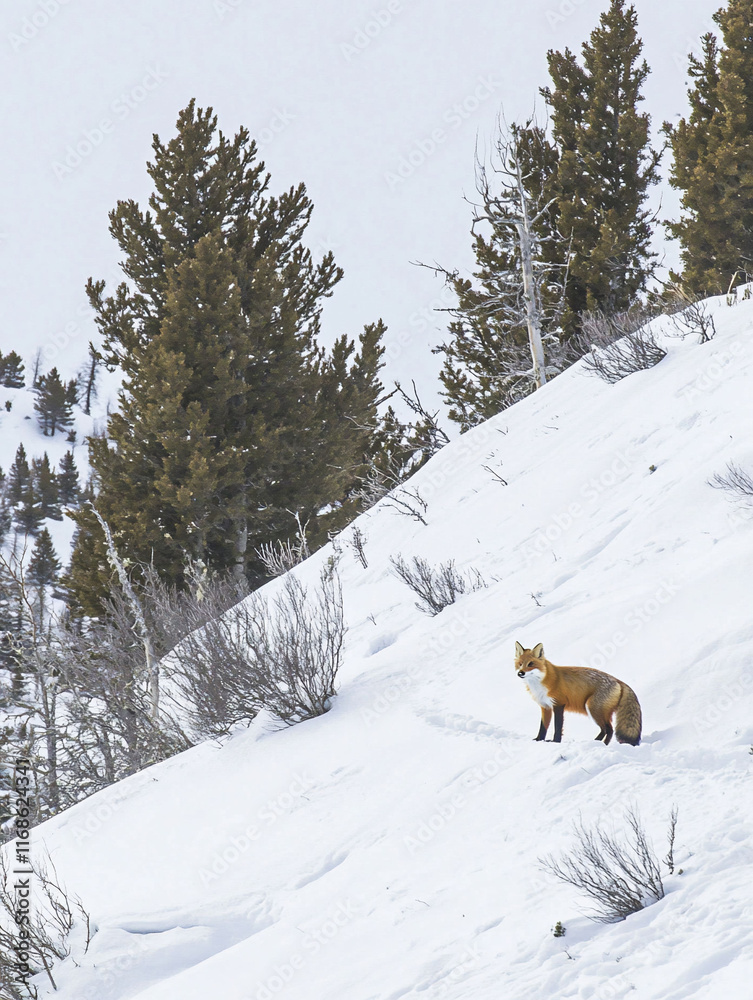Obraz premium Red fox standing in snowy mountain landscape.