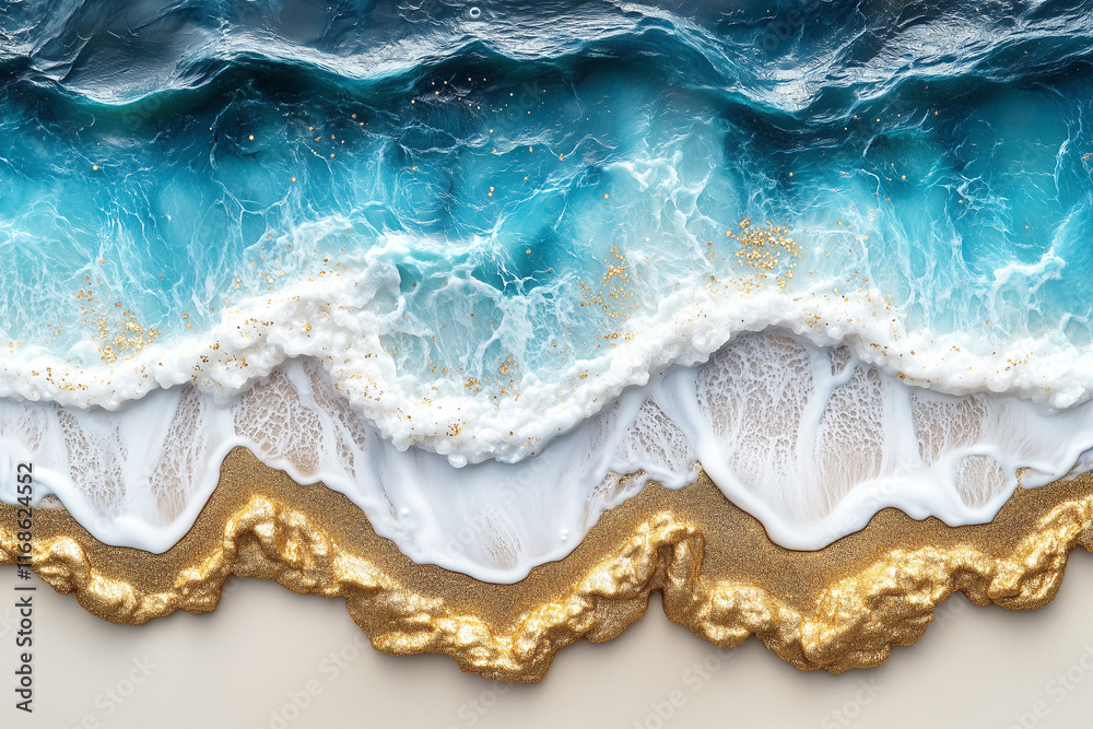 Naklejka premium Waves Breaking on Golden Sand Beach With Blue Ocean Horizon. Summer and Luxury Background