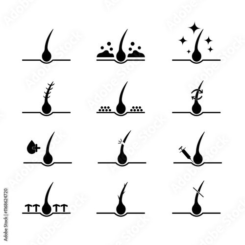 Healthy Dermatology Beauty Therapy for Epidermis Glyph Pictogram. Hair Loss, Growth, Transplant, Removal, Care Silhouette Black Icon Set. Hair Follicle Treatment Icon. Isolated Vector Illustration.